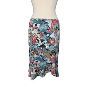 BCBG Vintage Y2K Paisley Floral Pull On Skirt Size Medium Pink Blue Asian Midi